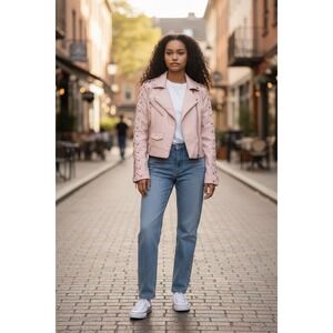 Bebe Pink Faux Leather Moto‎ Jacket Lace Up Sleeve Zipper Detail Womens M